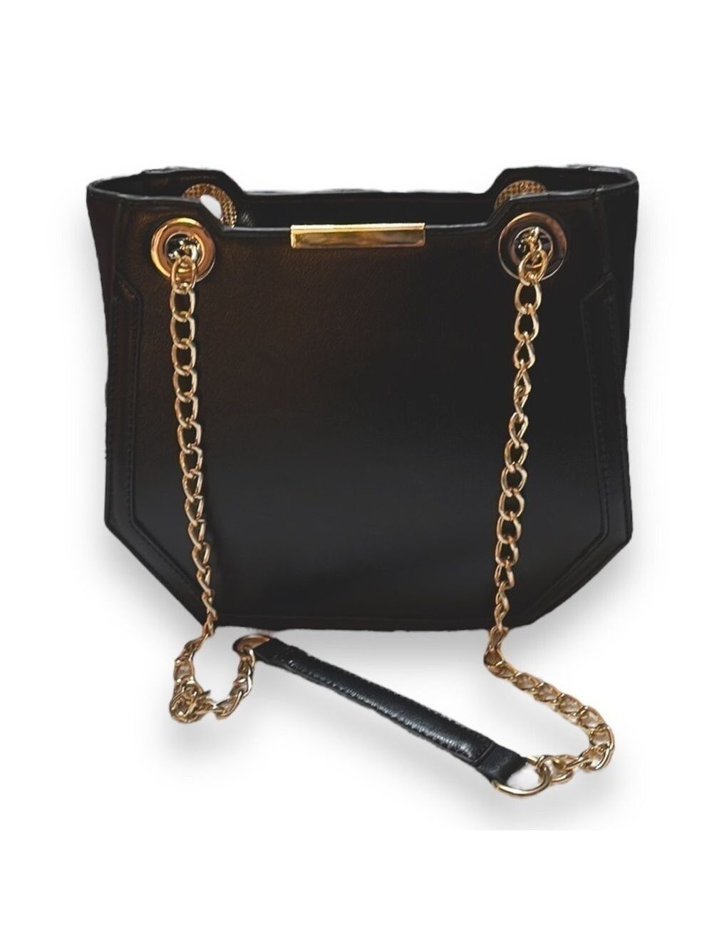 Melie Bianco Geometric Vegan Leather Black Shoulder Bag Purse with Gold Chains